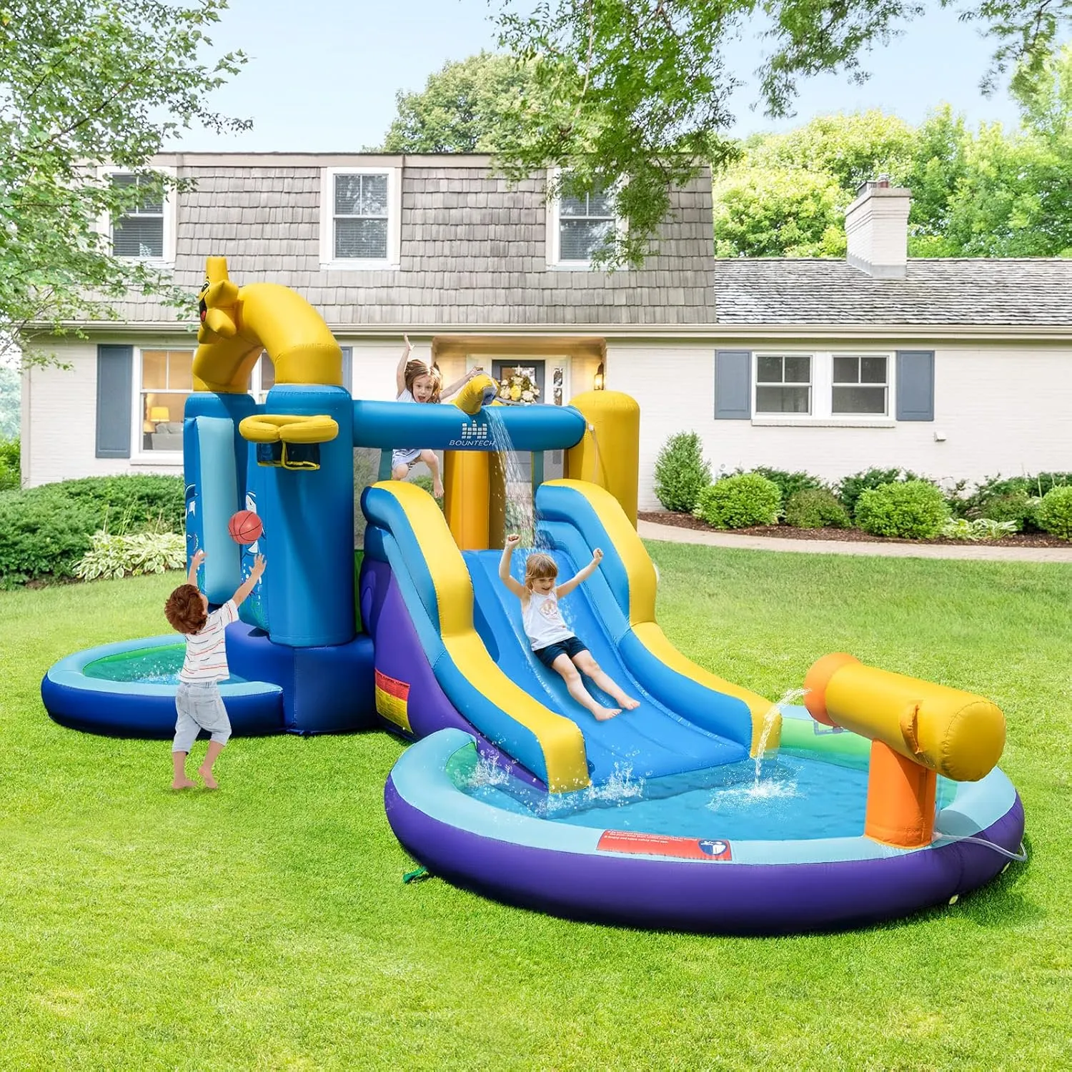 BOUNTECH Inflatable Water Slide, Ocean Kids Water Park Jump Castle with Ball Pit & Splash Pool, Water Slides Inflatables for Kids, Blow up Water Slide Bounce House w/Blower for Outdoor Backyard Gifts