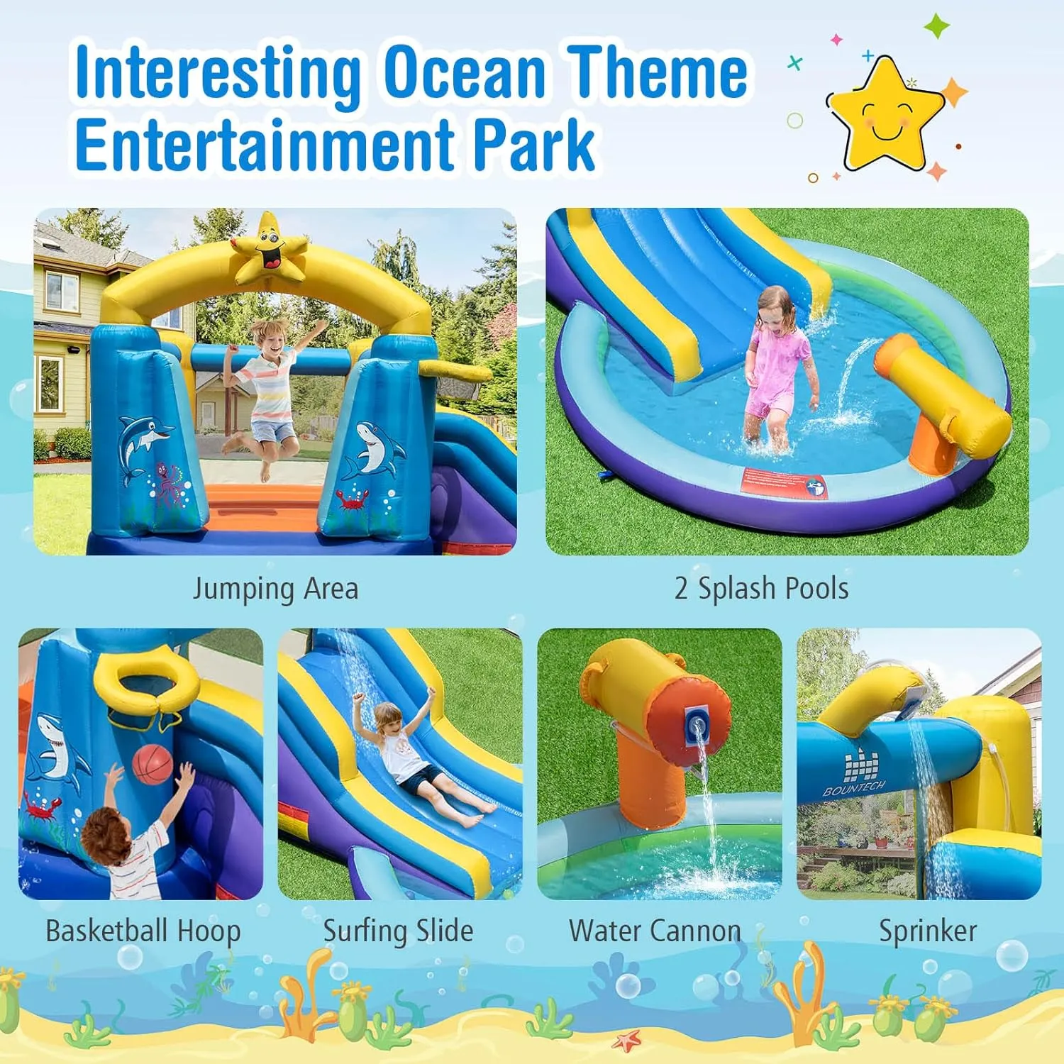 BOUNTECH Inflatable Water Slide, Ocean Kids Water Park Jump Castle with Ball Pit & Splash Pool, Water Slides Inflatables for Kids, Blow up Water Slide Bounce House w/Blower for Outdoor Backyard Gifts