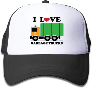 Boy I Heart Love Garbage Truck Hat, Adjustable Mesh Garbage Man Kids Trucker Hat