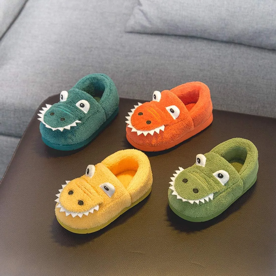 Boys Girls Warm Dinosaur House Slippers Toddler Kids Fuzzy Indoor Bedroom Shoes