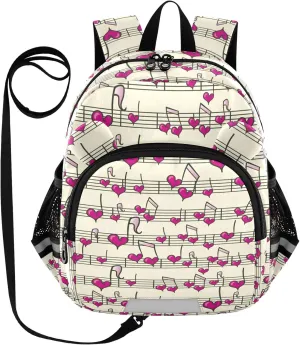 Bright Pink Preschool Backpack Heart Music Daycare Bookbag School Backpack with Traction Rope for Kids 3-6
