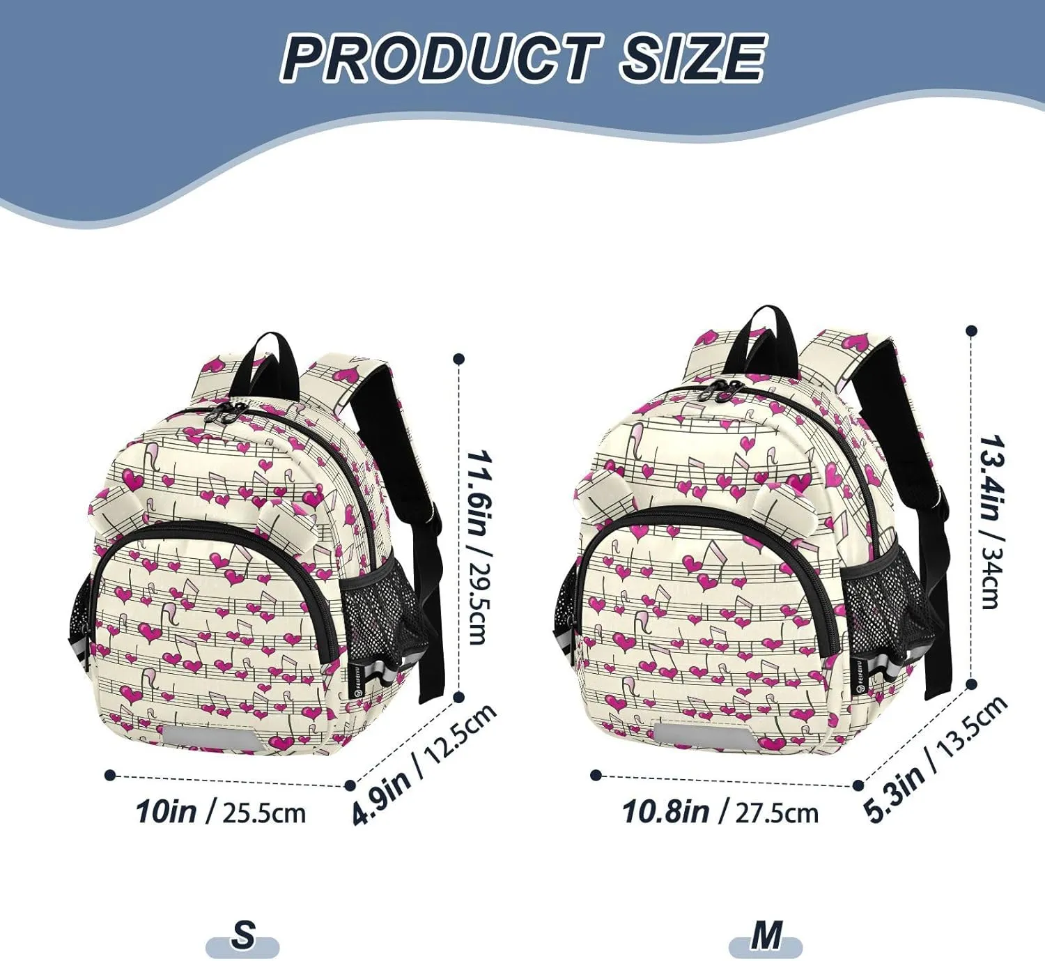 Bright Pink Preschool Backpack Heart Music Daycare Bookbag School Backpack with Traction Rope for Kids 3-6