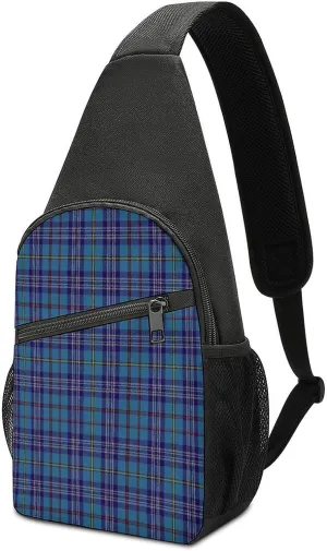 Brown Blue Tartan Plaid Portable Chest Bag, Large Capacity Single Shoulder Chest Bag