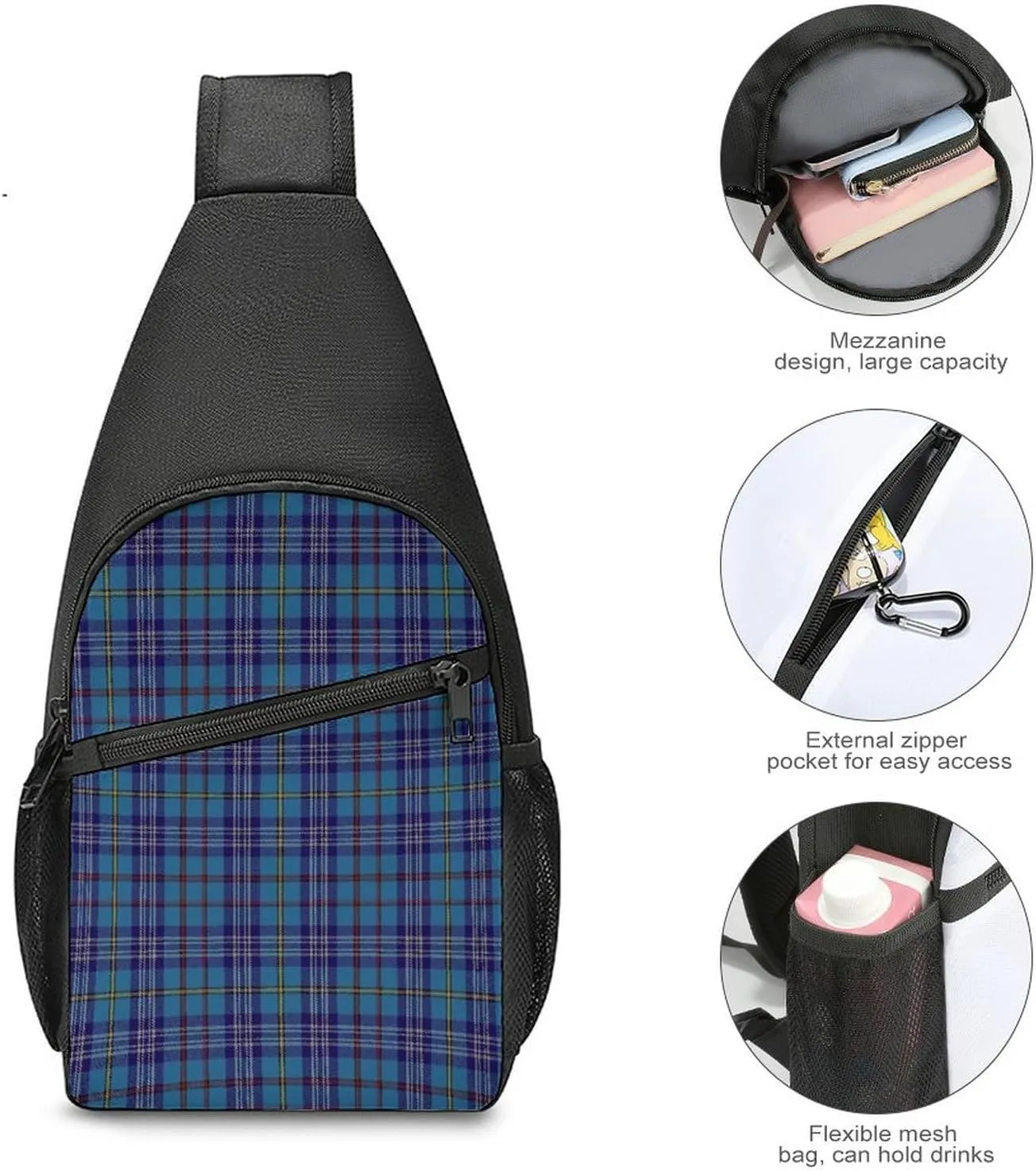 Brown Blue Tartan Plaid Portable Chest Bag, Large Capacity Single Shoulder Chest Bag