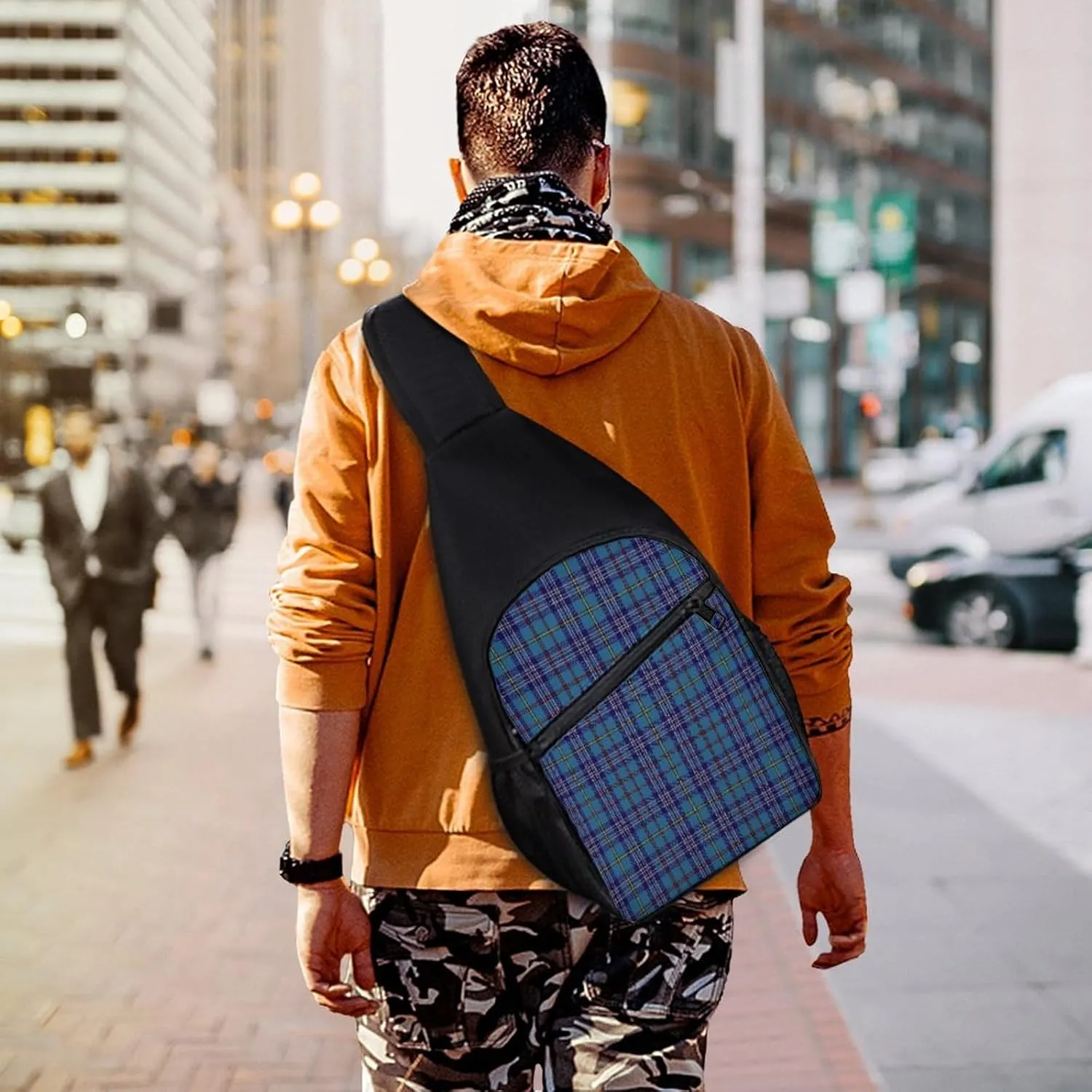 Brown Blue Tartan Plaid Portable Chest Bag, Large Capacity Single Shoulder Chest Bag