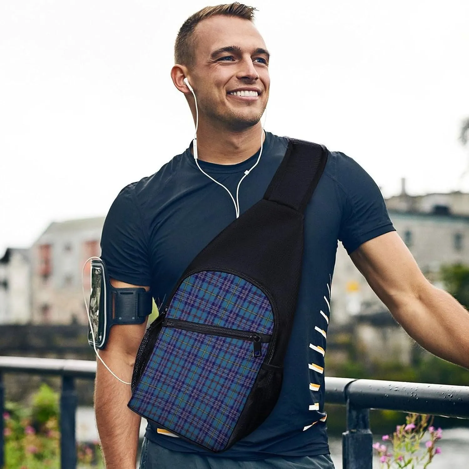 Brown Blue Tartan Plaid Portable Chest Bag, Large Capacity Single Shoulder Chest Bag