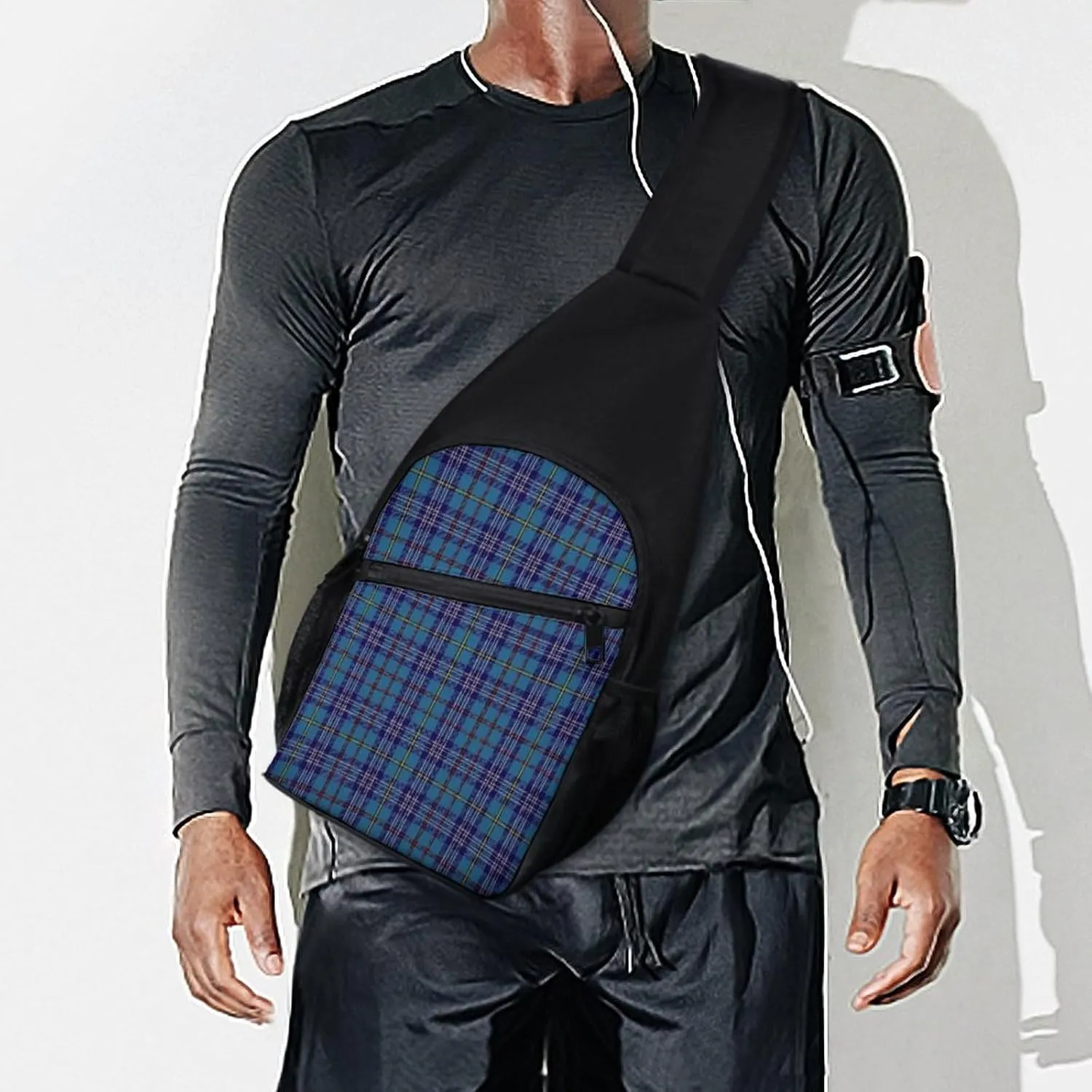 Brown Blue Tartan Plaid Portable Chest Bag, Large Capacity Single Shoulder Chest Bag