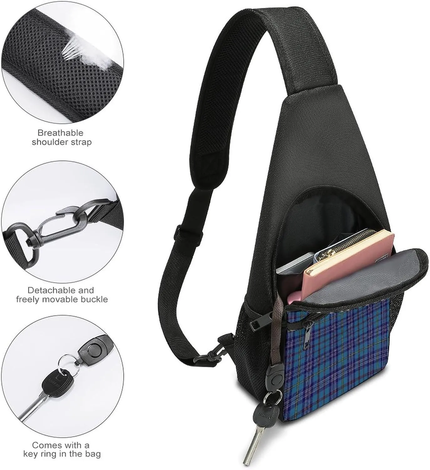 Brown Blue Tartan Plaid Portable Chest Bag, Large Capacity Single Shoulder Chest Bag