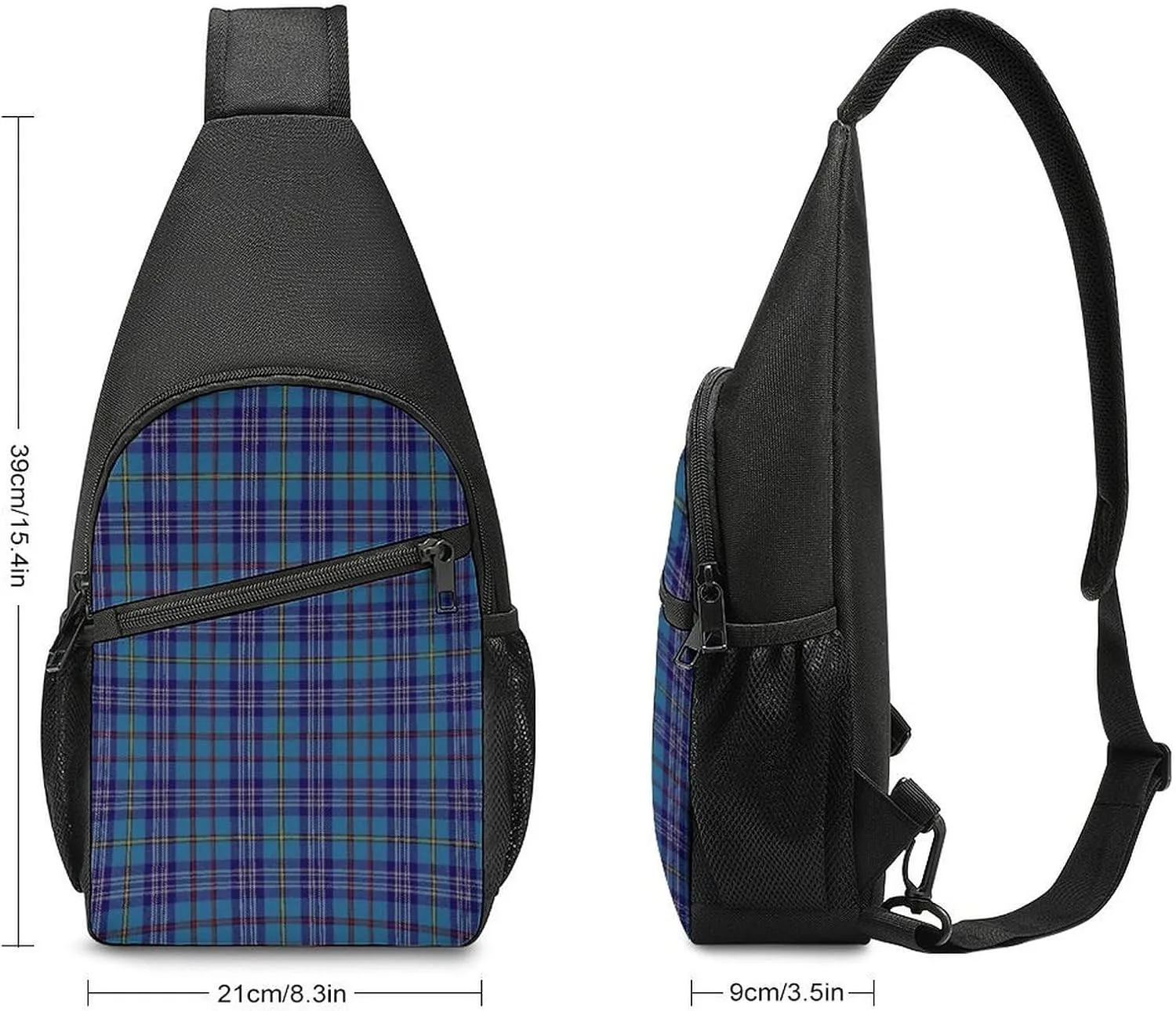 Brown Blue Tartan Plaid Portable Chest Bag, Large Capacity Single Shoulder Chest Bag