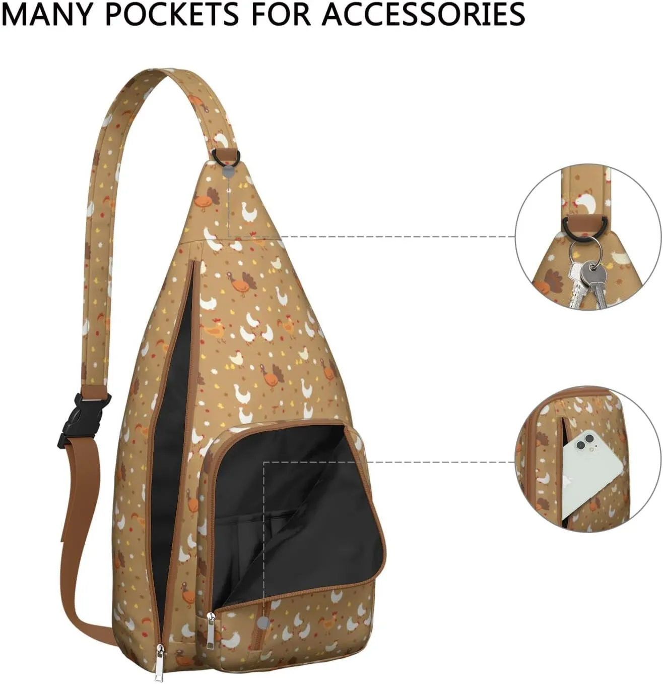 Brown Yard Rooster Family Crossbody Bag Daypack for Women Men Lightweight Waterproof Sling Bag Backpack Hiking Cycling