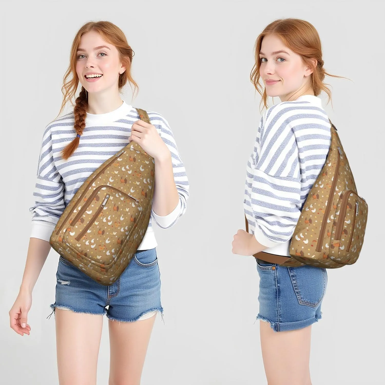 Brown Yard Rooster Family Crossbody Bag Daypack for Women Men Lightweight Waterproof Sling Bag Backpack Hiking Cycling