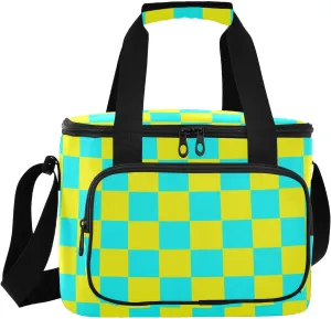 Buffalo Plaid Check Yellow Cyan Large Capacity Lunch Tote Thermal Crossbody Lunch Bag for Ladies