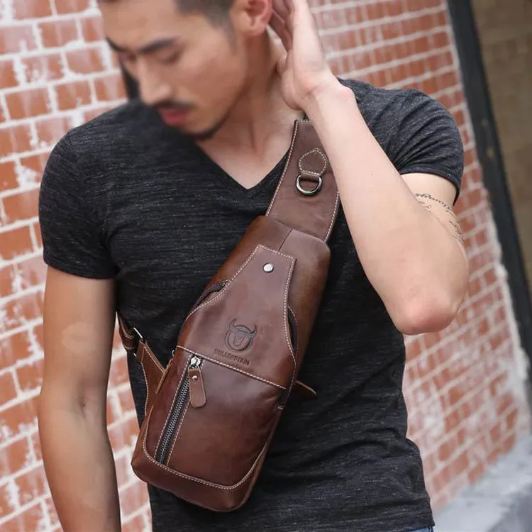BULL CAPTAIN 019 Retro Men Leather Crossbody Shoulder Bag First-Layer Cowhide Chest Bag, Colour: Yellow   Buckle