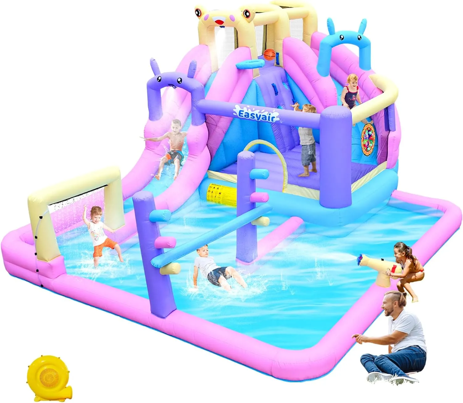 Bunny Frog Inflatable Water Slide, Bounce House for Big Kids, Climbing Wall, Slides, Limbo Game, Basketball Hoop, Throw Ball Game, Splash Pool Included 650W Blower