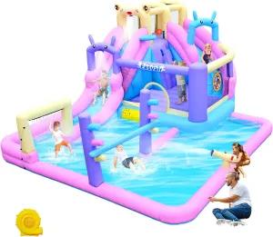 Bunny Frog Inflatable Water Slide, Bounce House for Big Kids, Climbing Wall, Slides, Limbo Game, Basketball Hoop, Throw Ball Game, Splash Pool Included 650W Blower