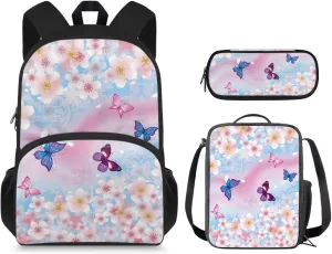 Butterfly Kids School Backpack for Girls Kindergarten Pink Flowers Cute Backpacks for Teen Girls for Middle School Vintage Style 3 In 1 Backpack Set with Lunch Bag and Pencil Case