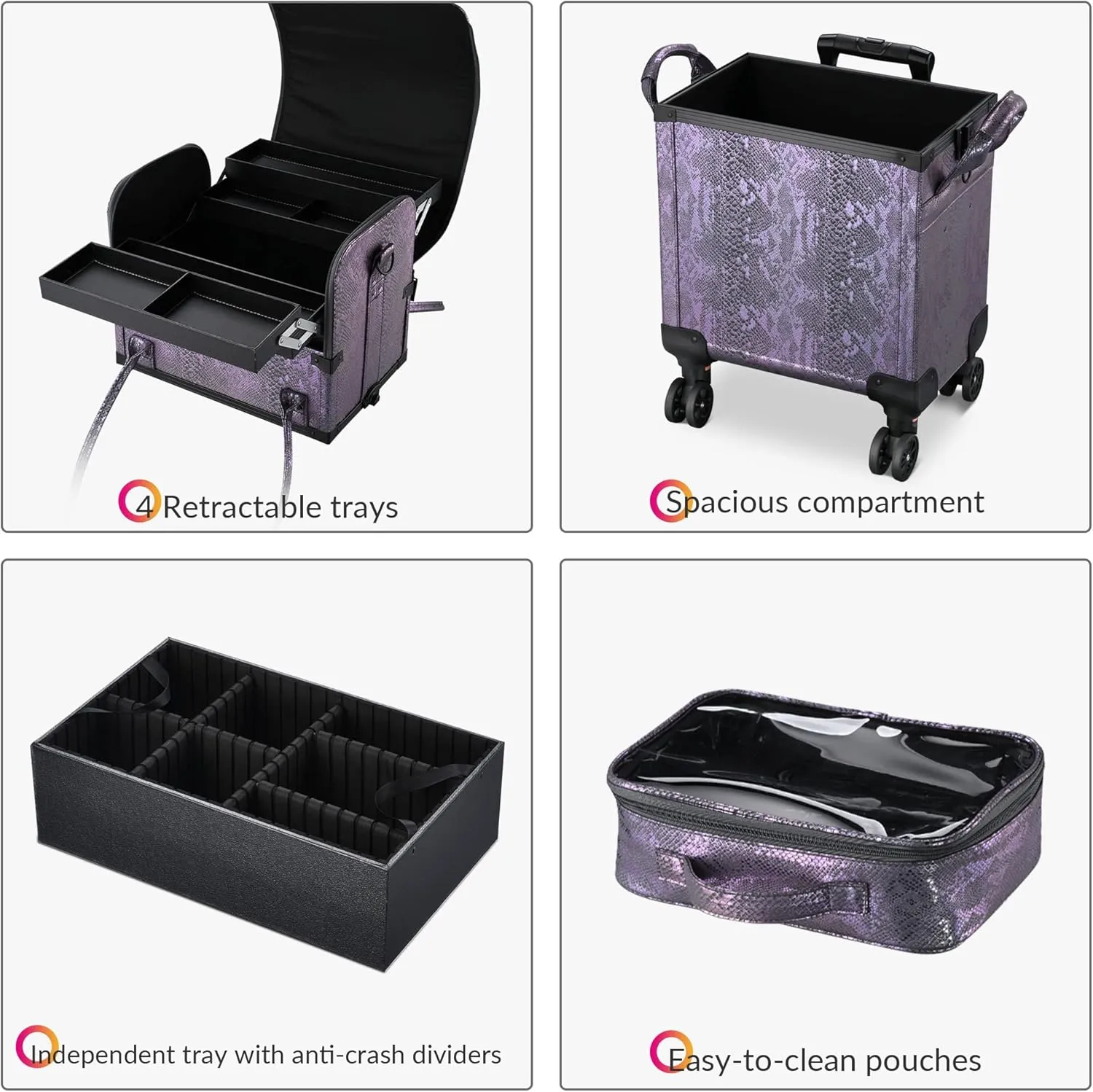 BYOOTIQUE 3 IN1 Rolling Makeup Train Case Lockable Large Storage Cosmetic Trolley Travel Storage Case for Hairstylist Makeup Artist Salon, Purple Snake Skin Pattern