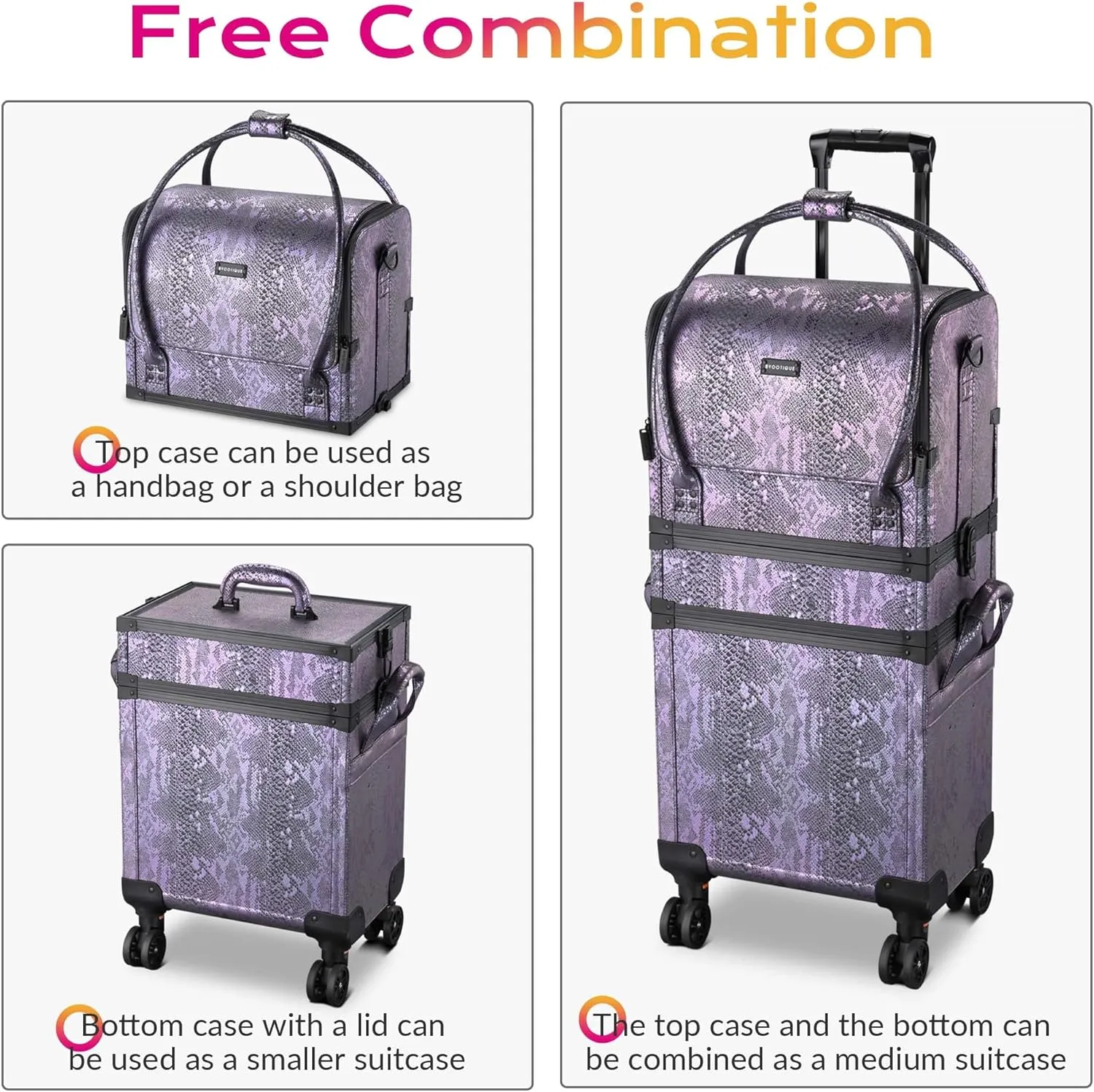 BYOOTIQUE 3 IN1 Rolling Makeup Train Case Lockable Large Storage Cosmetic Trolley Travel Storage Case for Hairstylist Makeup Artist Salon, Purple Snake Skin Pattern