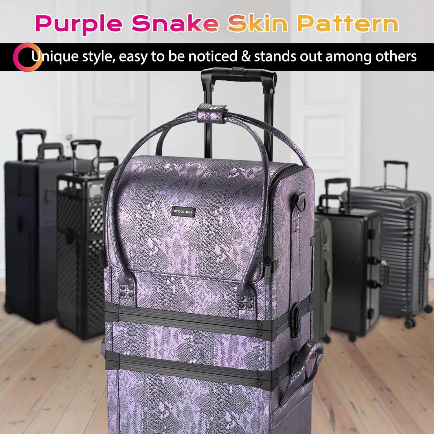 BYOOTIQUE 3 IN1 Rolling Makeup Train Case Lockable Large Storage Cosmetic Trolley Travel Storage Case for Hairstylist Makeup Artist Salon, Purple Snake Skin Pattern
