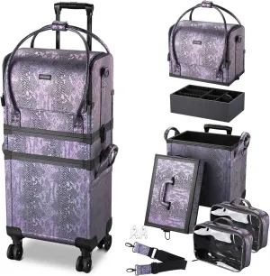 BYOOTIQUE 3 IN1 Rolling Makeup Train Case Lockable Large Storage Cosmetic Trolley Travel Storage Case for Hairstylist Makeup Artist Salon, Purple Snake Skin Pattern