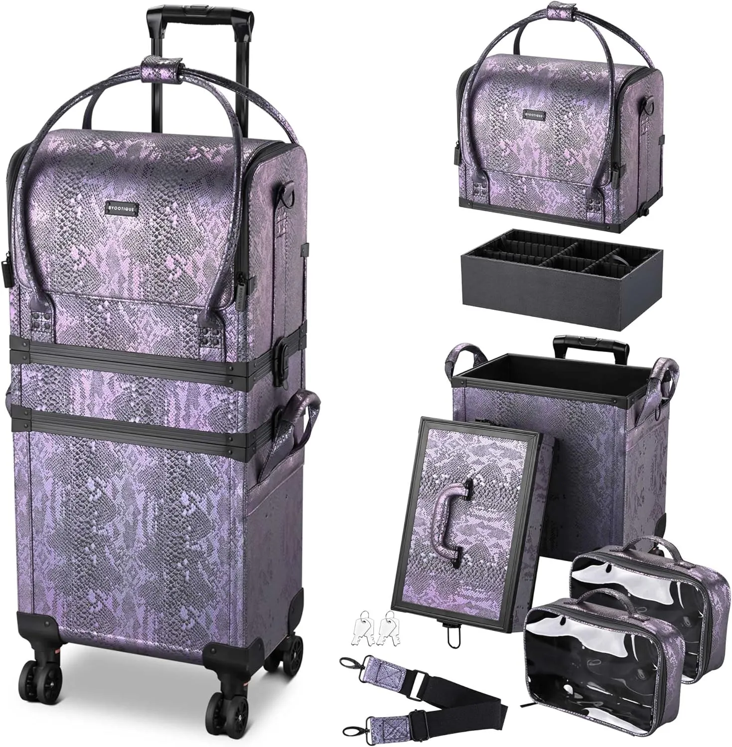 BYOOTIQUE 3 IN1 Rolling Makeup Train Case Lockable Large Storage Cosmetic Trolley Travel Storage Case for Hairstylist Makeup Artist Salon, Purple Snake Skin Pattern