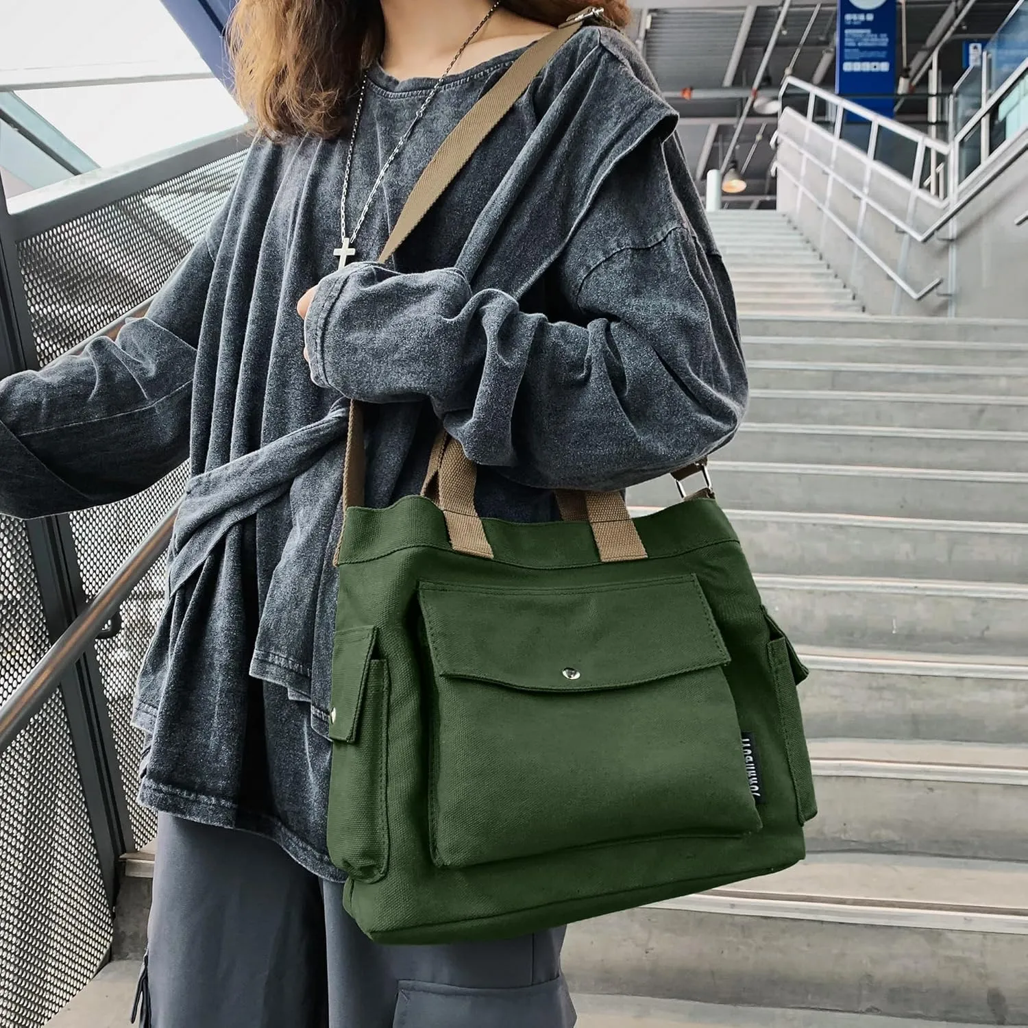Canvas Messenger Tote Bag Large Hobo Crossbody Bag with Multiple Pockets Casual Shoulder Handbag for Women and Men