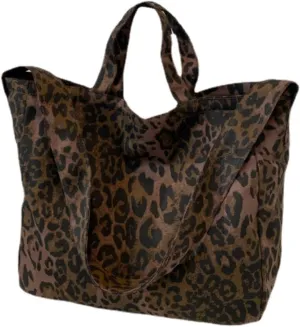 Canvas Tote Bag for Women Large Capacity Shoulder Bag Casual Fashion Leopard Print Handbag with Top Handles (Dark brown)