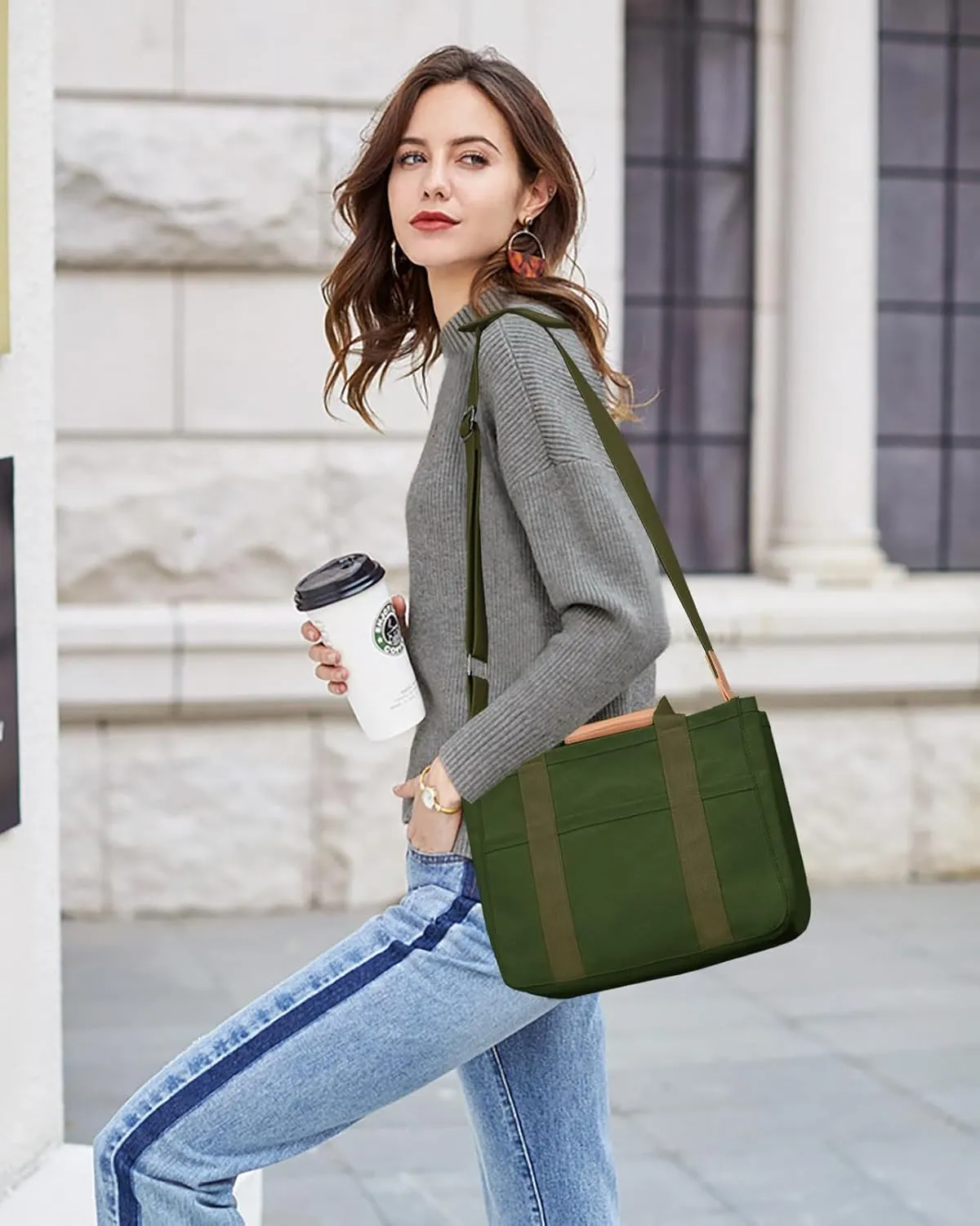 Canvas Tote Bag with Multi-Pocket for Women Large Crossbody Shoulder Handbag Everything Tote Bag with Compartments