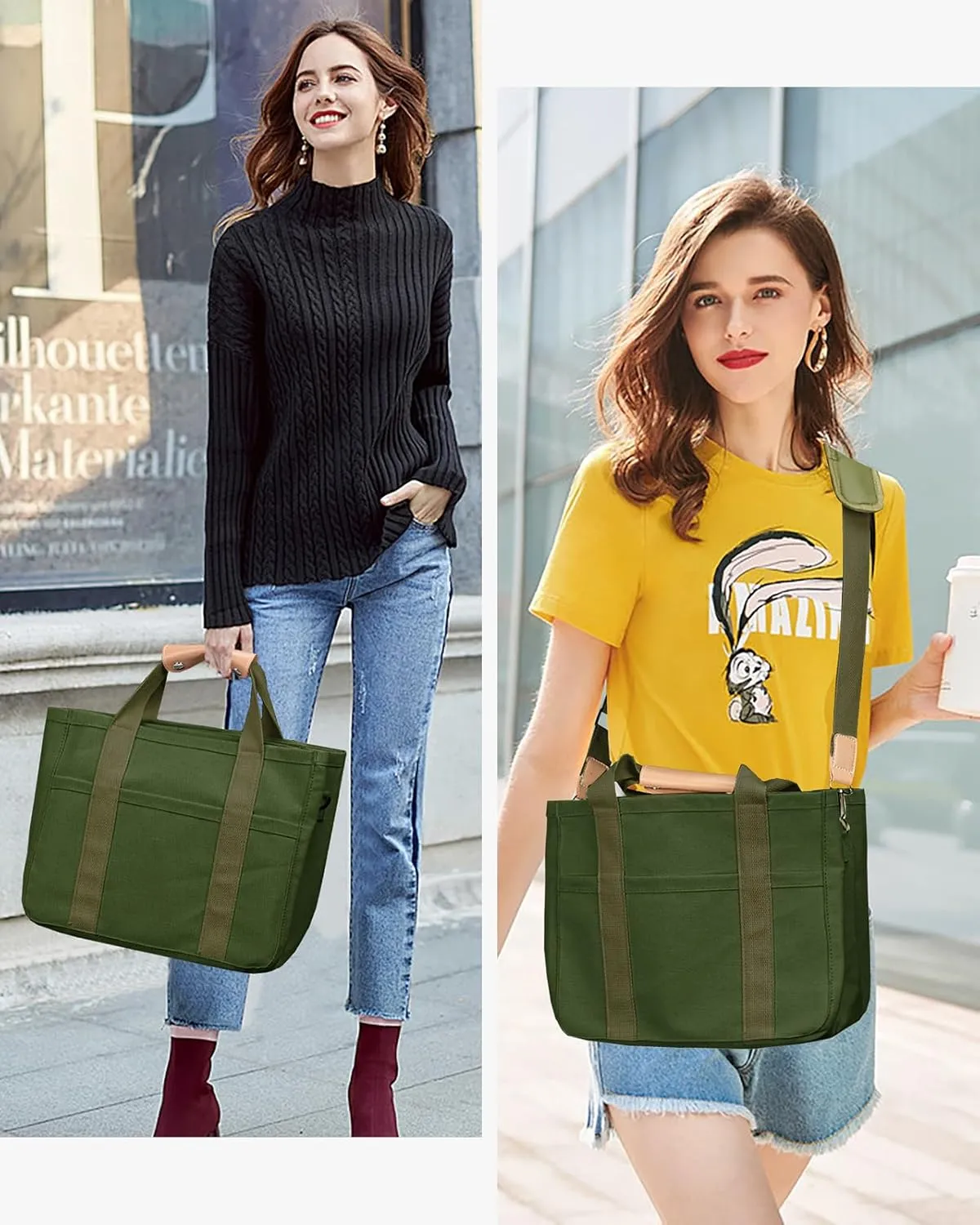 Canvas Tote Bag with Multi-Pocket for Women Large Crossbody Shoulder Handbag Everything Tote Bag with Compartments