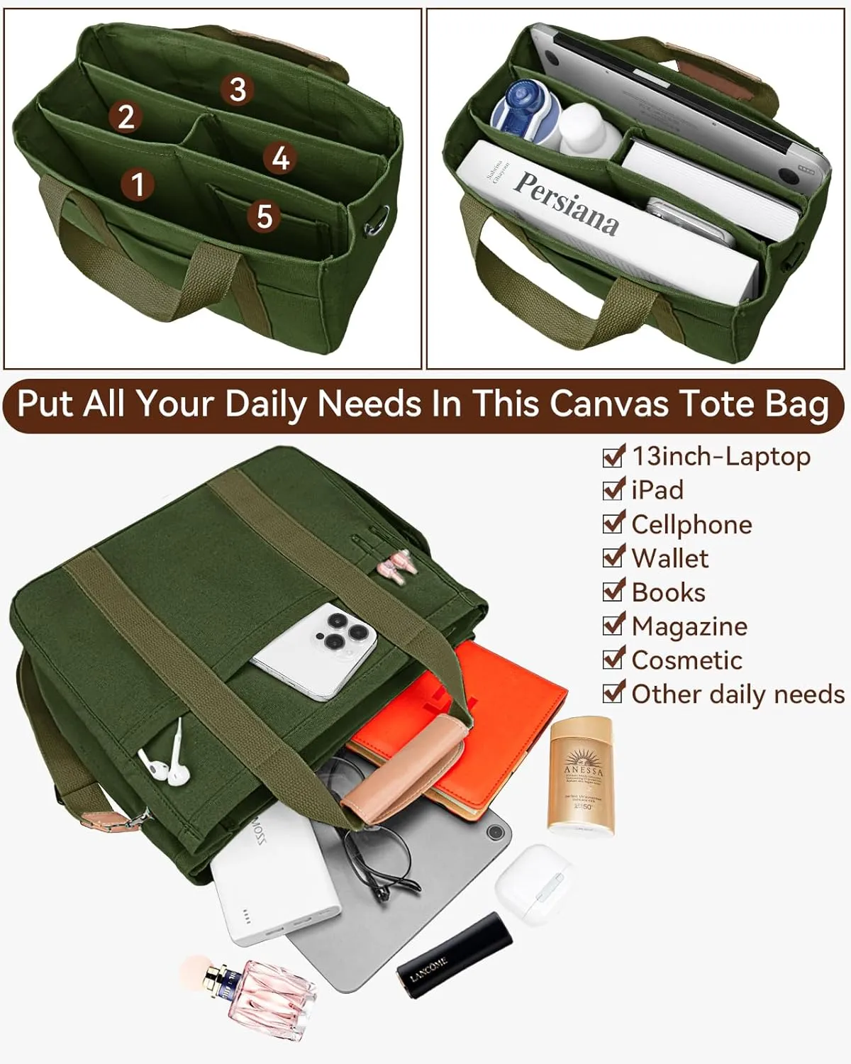 Canvas Tote Bag with Multi-Pocket for Women Large Crossbody Shoulder Handbag Everything Tote Bag with Compartments