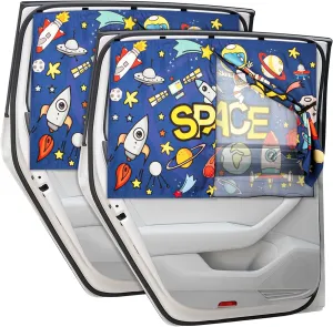 Car Sun Shade Side Window, 2pcs Magnetic Double Layer Car Window Shades for Privacy Full Covers/Half Shade Options Cute Space Pattern Side Window Curtains for Kids