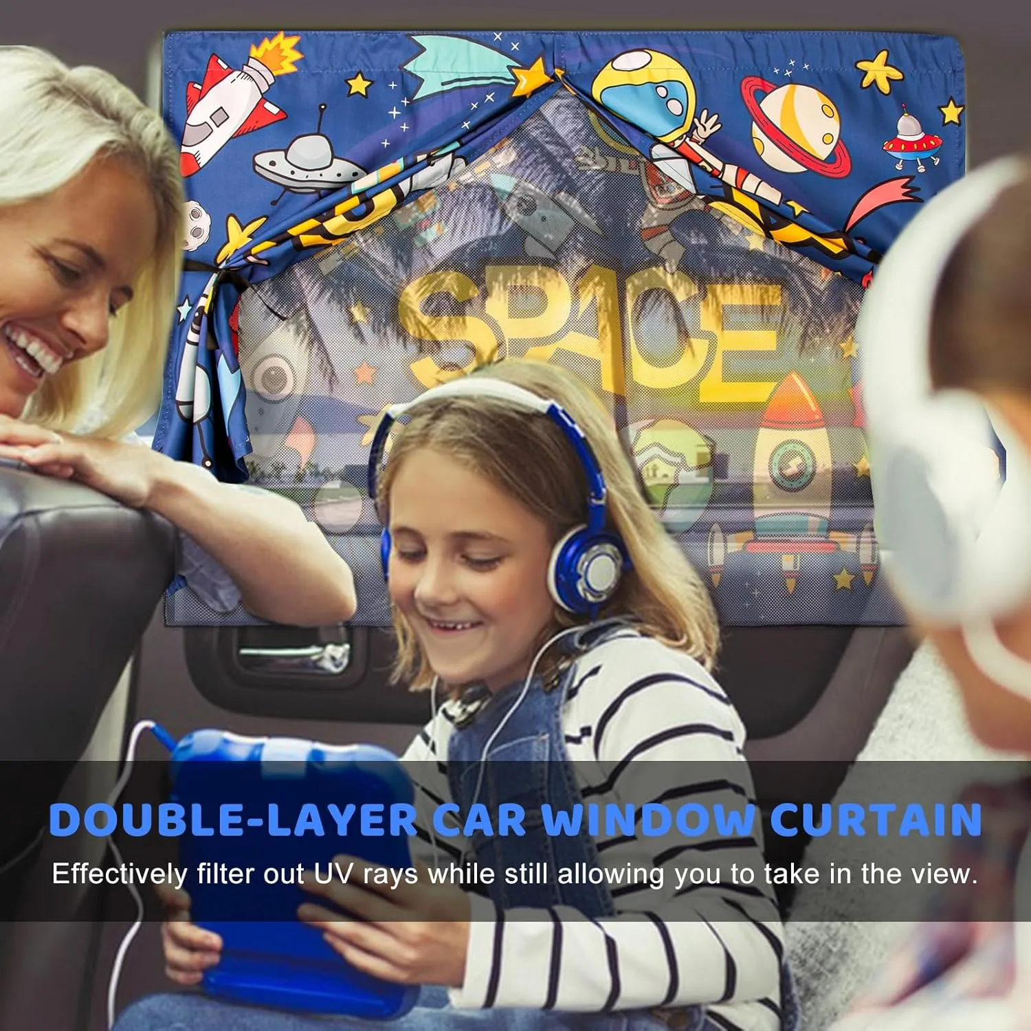 Car Sun Shade Side Window, 2pcs Magnetic Double Layer Car Window Shades for Privacy Full Covers/Half Shade Options Cute Space Pattern Side Window Curtains for Kids