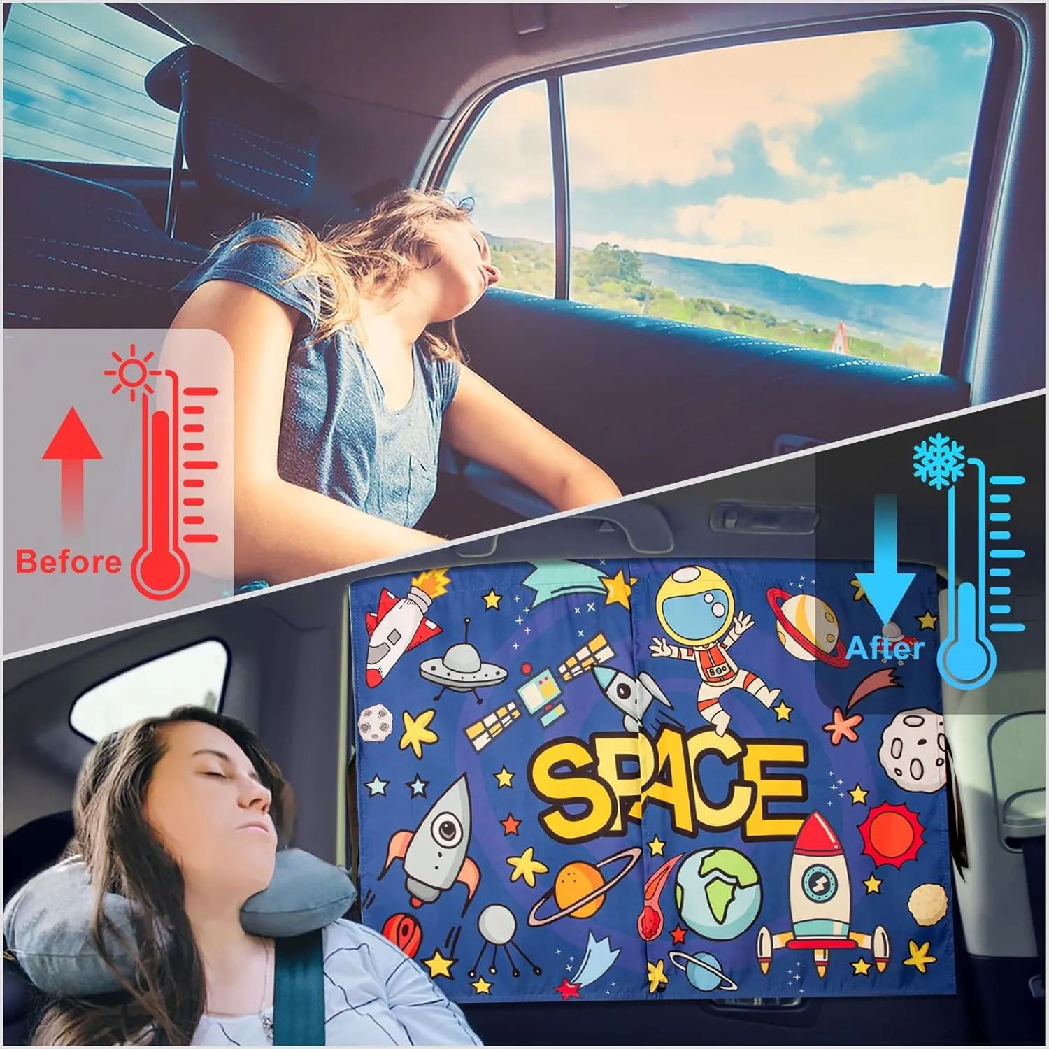 Car Sun Shade Side Window, 2pcs Magnetic Double Layer Car Window Shades for Privacy Full Covers/Half Shade Options Cute Space Pattern Side Window Curtains for Kids