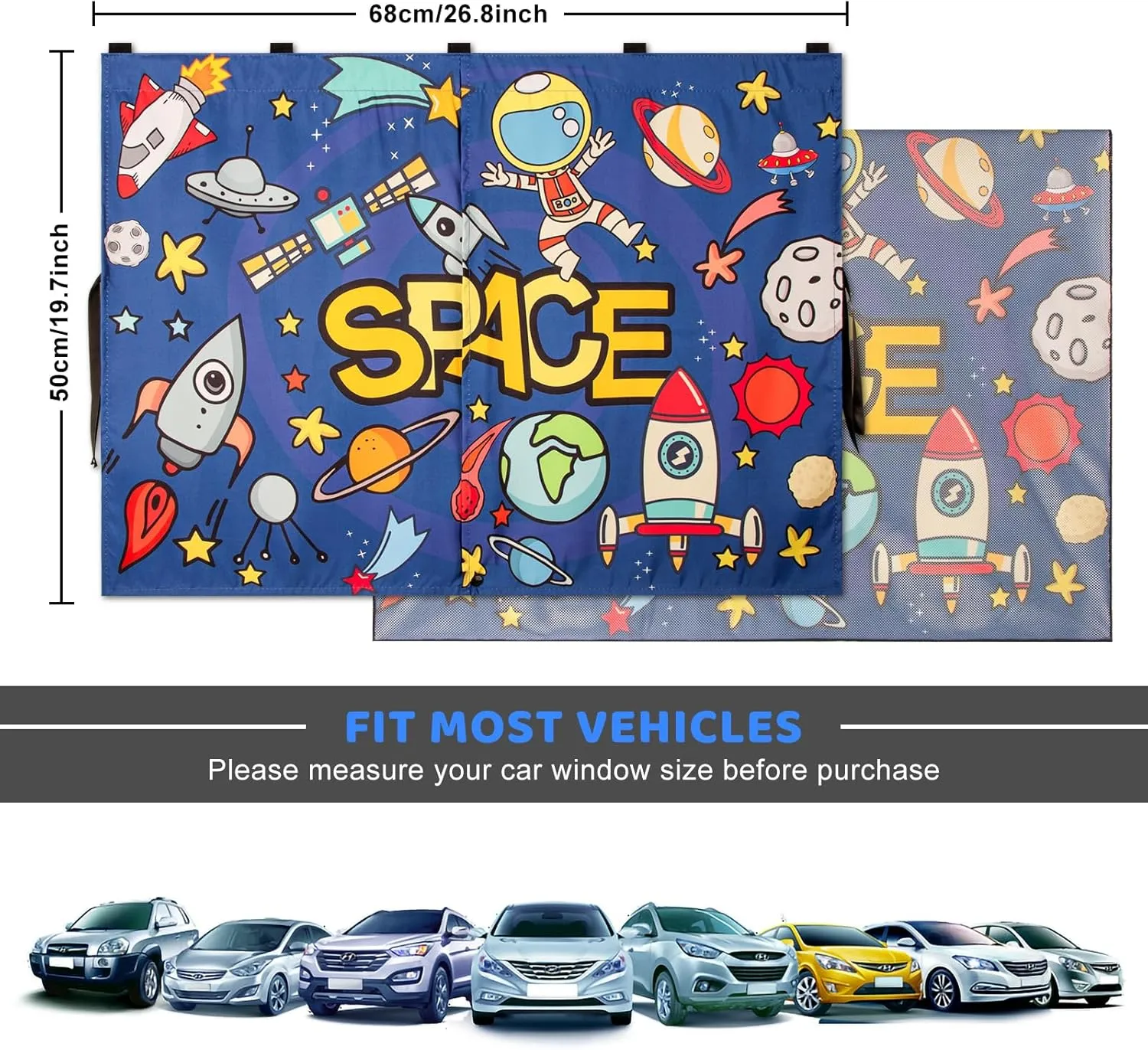Car Sun Shade Side Window, 2pcs Magnetic Double Layer Car Window Shades for Privacy Full Covers/Half Shade Options Cute Space Pattern Side Window Curtains for Kids
