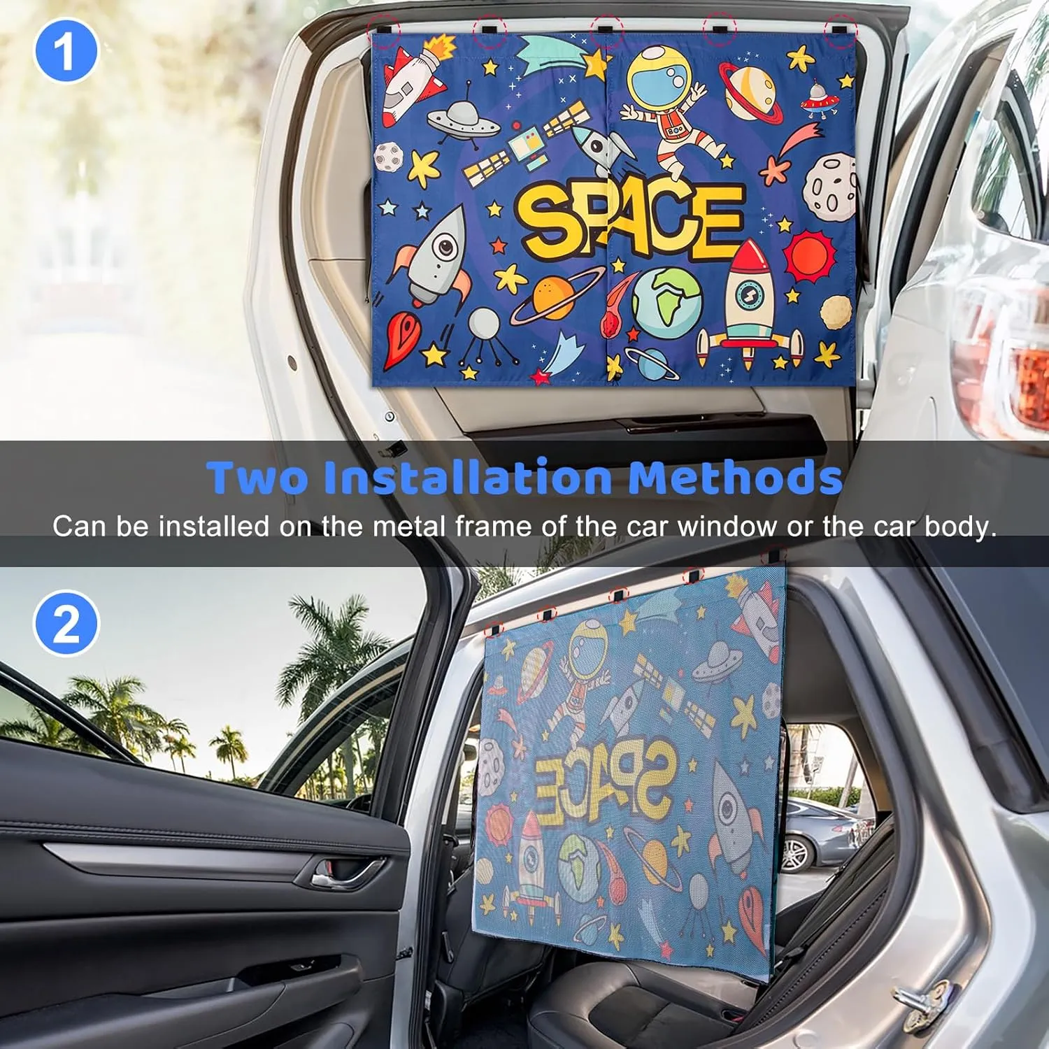 Car Sun Shade Side Window, 2pcs Magnetic Double Layer Car Window Shades for Privacy Full Covers/Half Shade Options Cute Space Pattern Side Window Curtains for Kids
