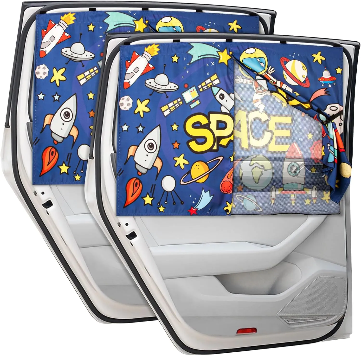 Car Sun Shade Side Window, 2pcs Magnetic Double Layer Car Window Shades for Privacy Full Covers/Half Shade Options Cute Space Pattern Side Window Curtains for Kids