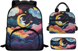 Cartoon Astronaut School Backpack for Boys Elementary School Anti-Theft 3 in 1 Book Bag with Lunch Bag Travel Backpack for Kindergarten Large Capacity Bookpack for Children's Day Gift