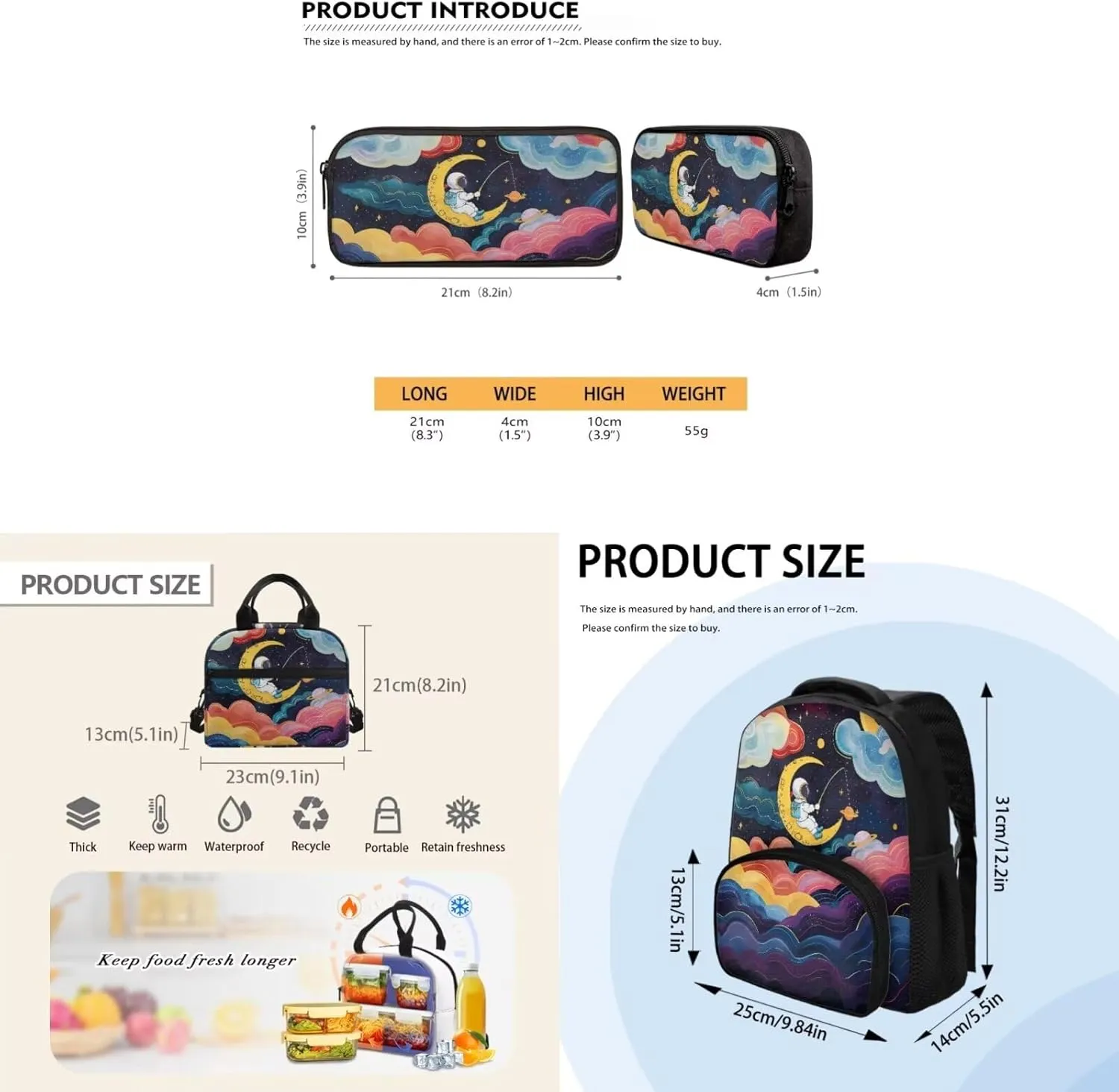 Cartoon Astronaut School Backpack for Boys Elementary School Anti-Theft 3 in 1 Book Bag with Lunch Bag Travel Backpack for Kindergarten Large Capacity Bookpack for Children's Day Gift