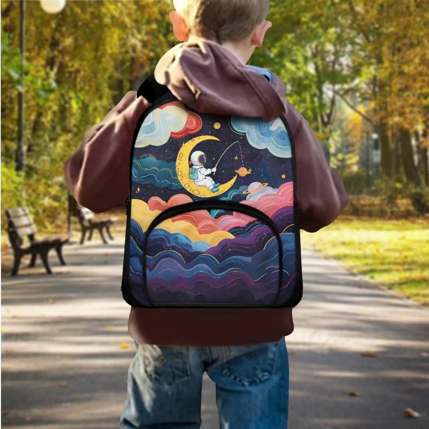 Cartoon Astronaut School Backpack for Boys Elementary School Anti-Theft 3 in 1 Book Bag with Lunch Bag Travel Backpack for Kindergarten Large Capacity Bookpack for Children's Day Gift