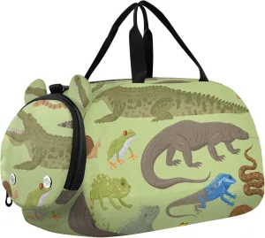 Cartoon Lizard Snake Wild Animals Turtle Frog and Crocodile Green Sports Duffle Bag for Girls Boys, Gym Bag with Shoe Compartment, Kids Travel Overnight Weekender Shoulder Bag