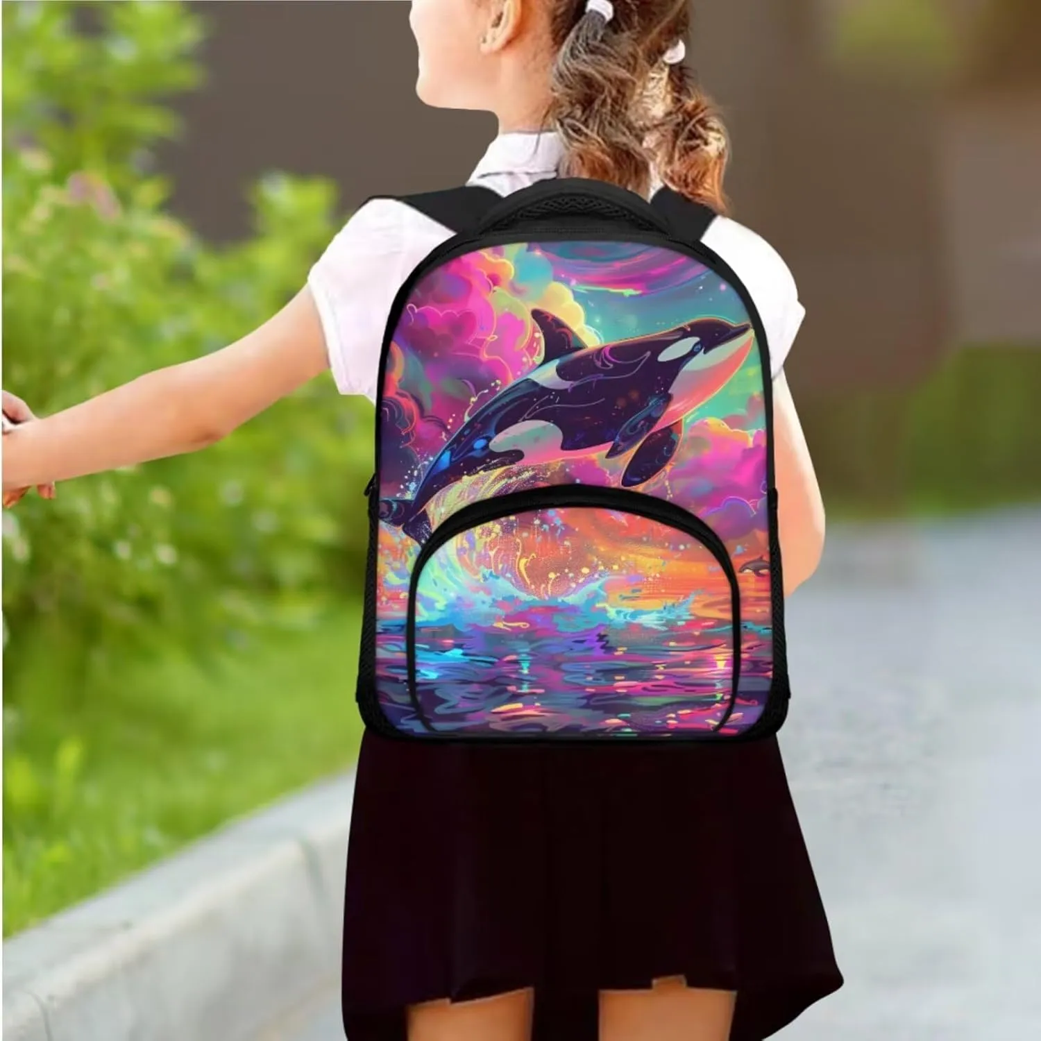 Cartoon Orca Kids Travel Backpack Small Backpack Kids Girls Backpacks for Kids with Lunchbox Lunch Boxes for Kids MultiPurpose Pencil Case for Girls Teens