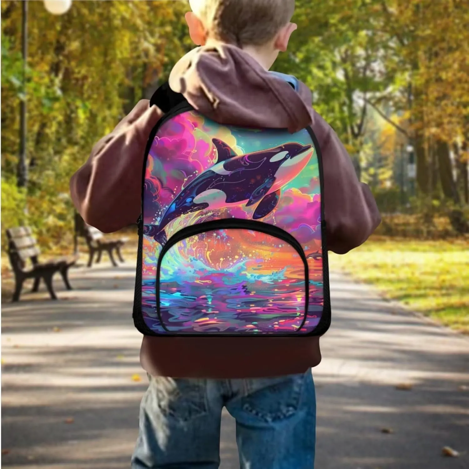 Cartoon Orca Kids Travel Backpack Small Backpack Kids Girls Backpacks for Kids with Lunchbox Lunch Boxes for Kids MultiPurpose Pencil Case for Girls Teens