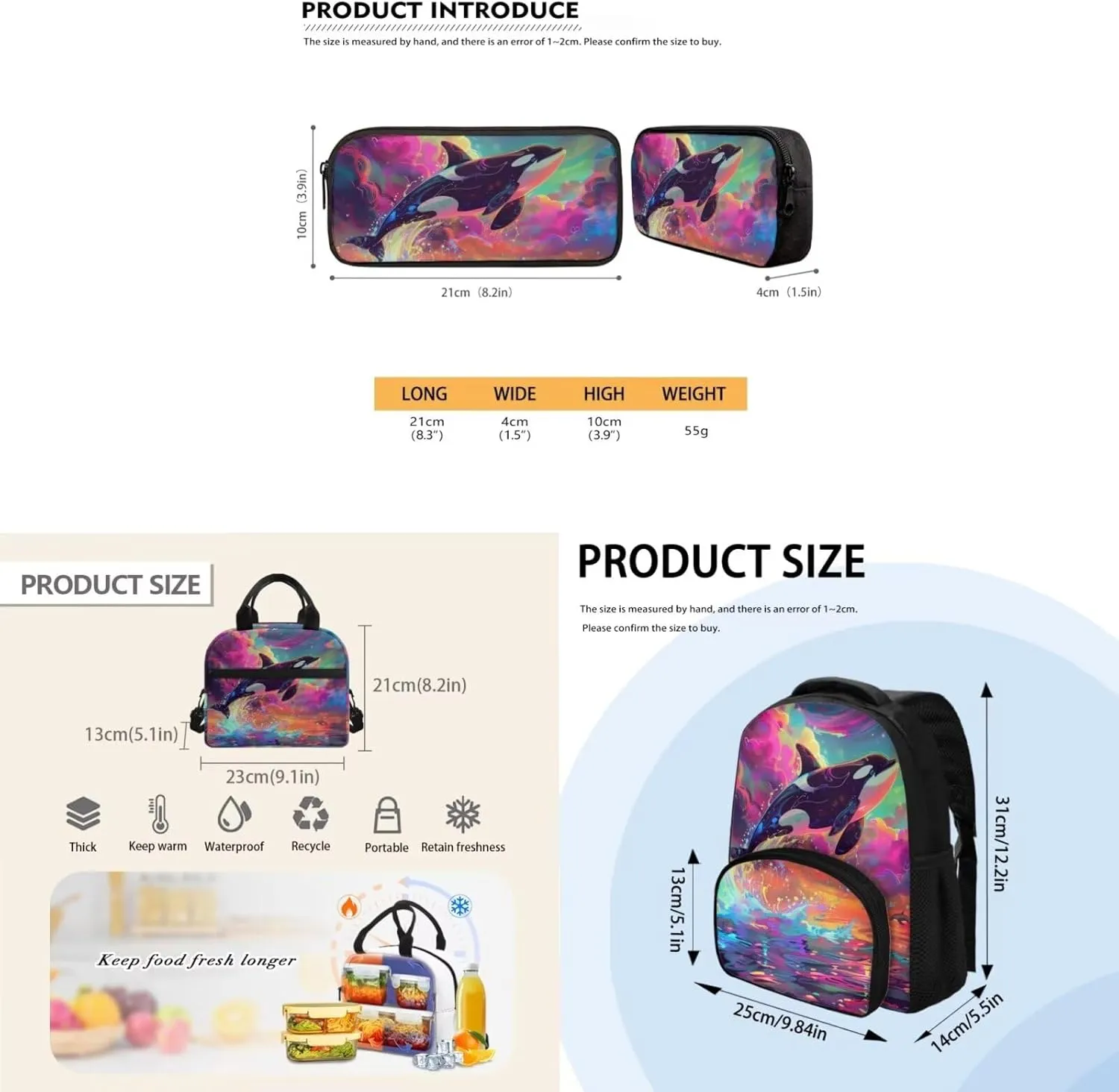Cartoon Orca Kids Travel Backpack Small Backpack Kids Girls Backpacks for Kids with Lunchbox Lunch Boxes for Kids MultiPurpose Pencil Case for Girls Teens