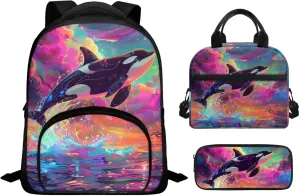 Cartoon Orca Kids Travel Backpack Small Backpack Kids Girls Backpacks for Kids with Lunchbox Lunch Boxes for Kids MultiPurpose Pencil Case for Girls Teens