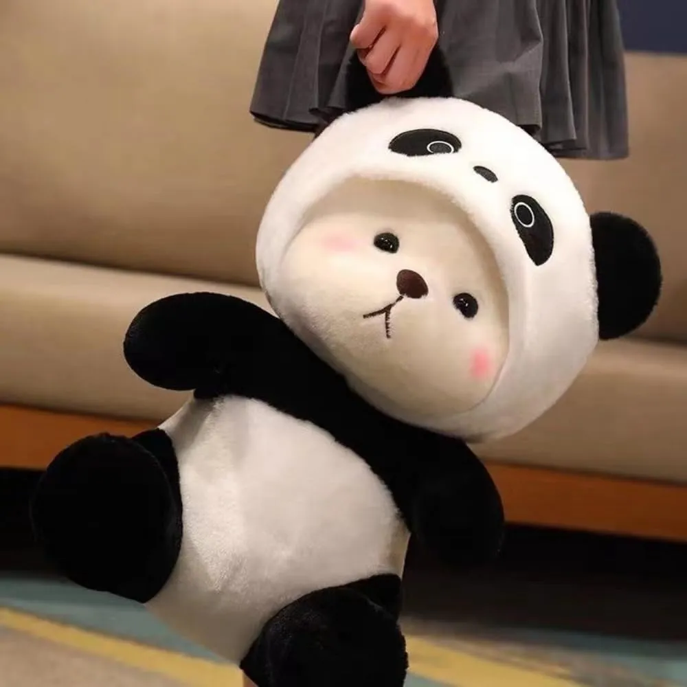 Cartoon Plush Cross-Dressing Teddy Bear Plush Toy, Cute Teddy Bear with Removable Stitchhat (Black Panda, 16 inch / 1.1 lb)