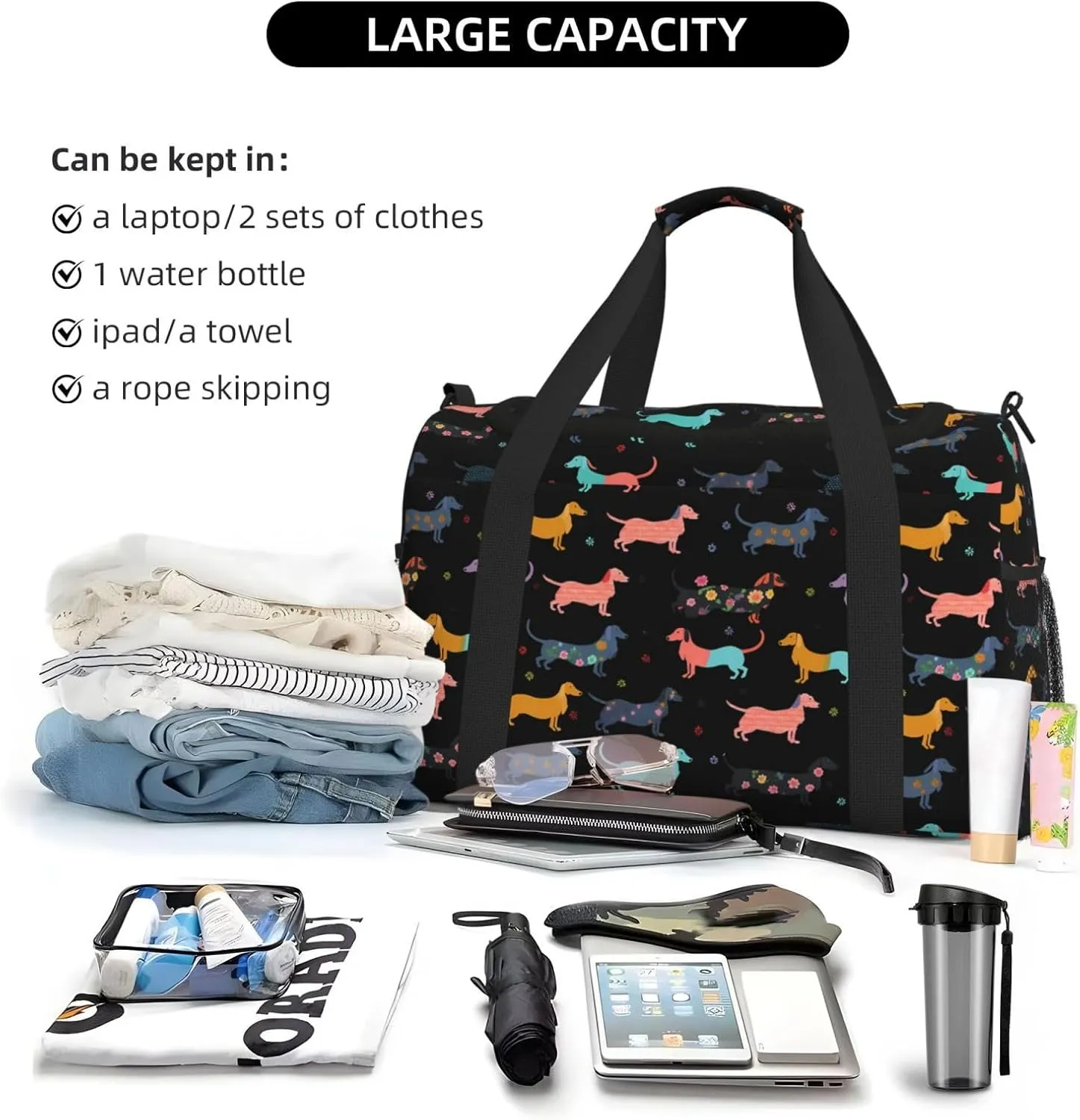 Cartoon Puppy Big Capacity Sports Gym Bag Portable Travel Duffle Bag, Funny Dogs Lightweight Weekender Workout Bag for Overnight, Unisex