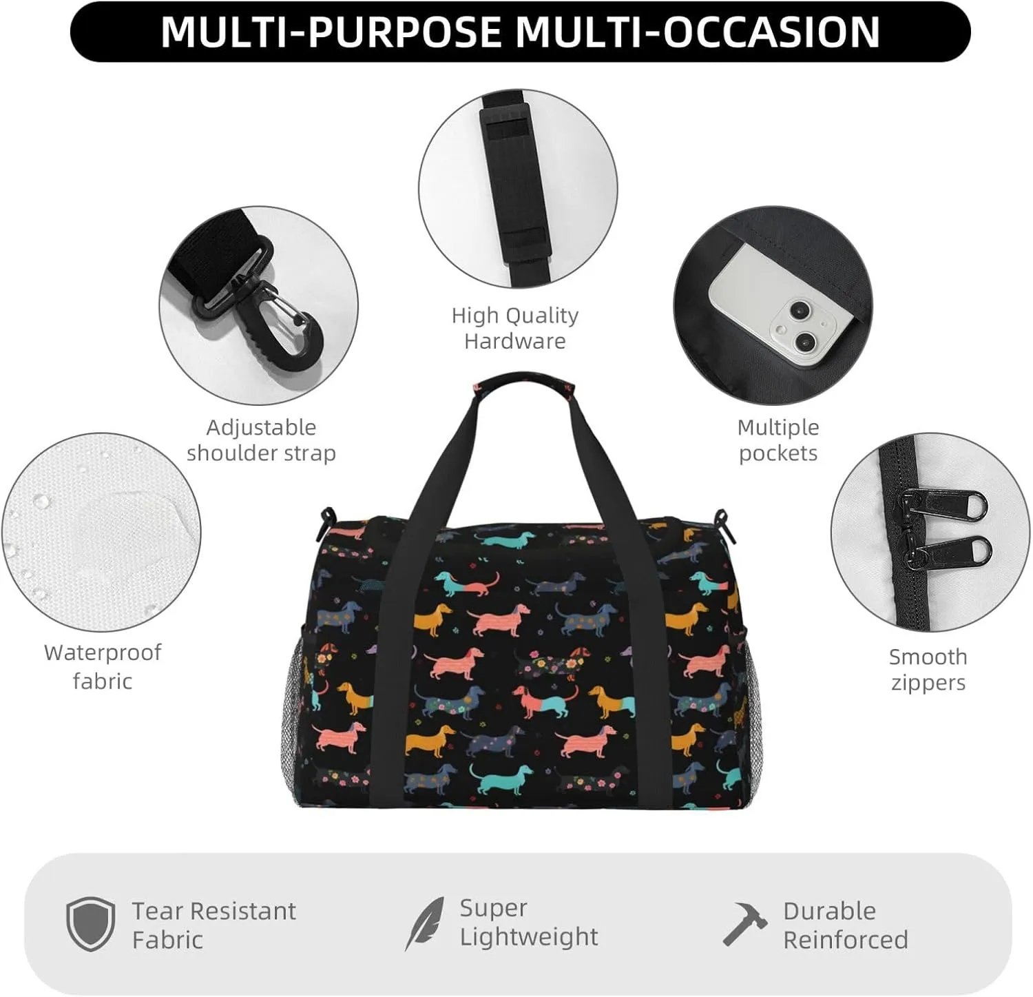 Cartoon Puppy Big Capacity Sports Gym Bag Portable Travel Duffle Bag, Funny Dogs Lightweight Weekender Workout Bag for Overnight, Unisex
