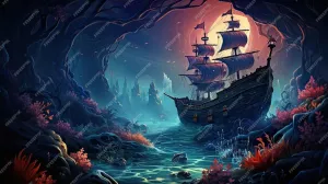 Cartoon Underwater Background with sea Fish Sunken Ship Ancient Ruins and Treasure Vector of deep seafloor Jigsaw Puzzles 1000 Pieces Games Toys Best Gift for Adults and Kids