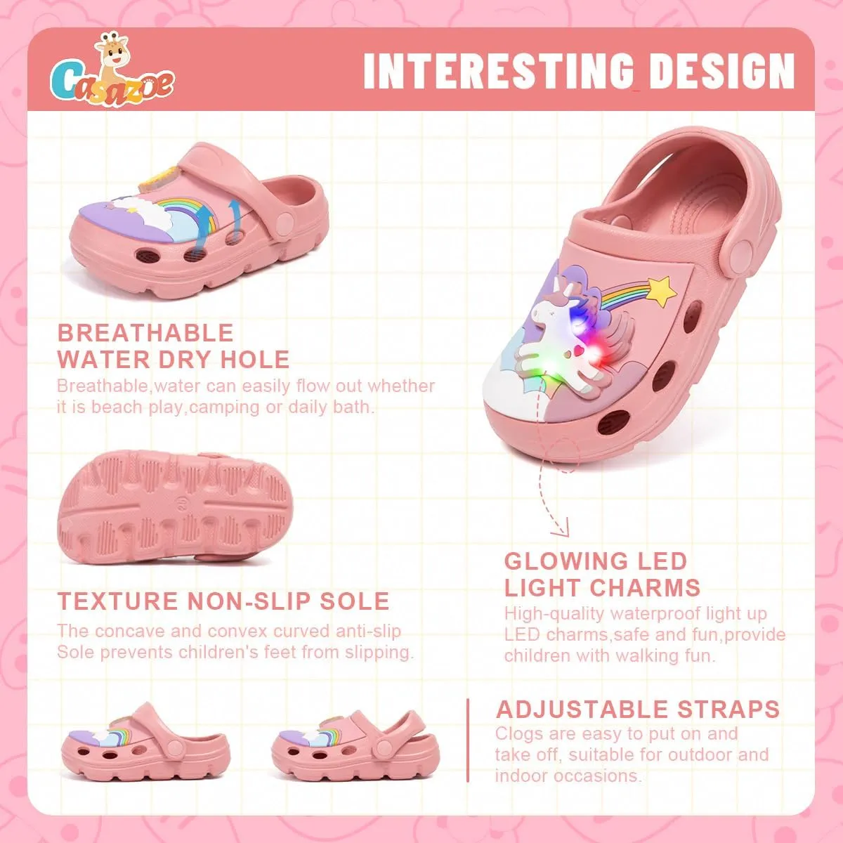 Casazoe Toddler Boys Girls LED Garden Clogs Kids Cute Cartoon Dinosaur Pattern EVA Clogs Water Sandals Slip On Shoes Slipper Slides Lightweight Outdoor Summer Children Beach Pool Shoes