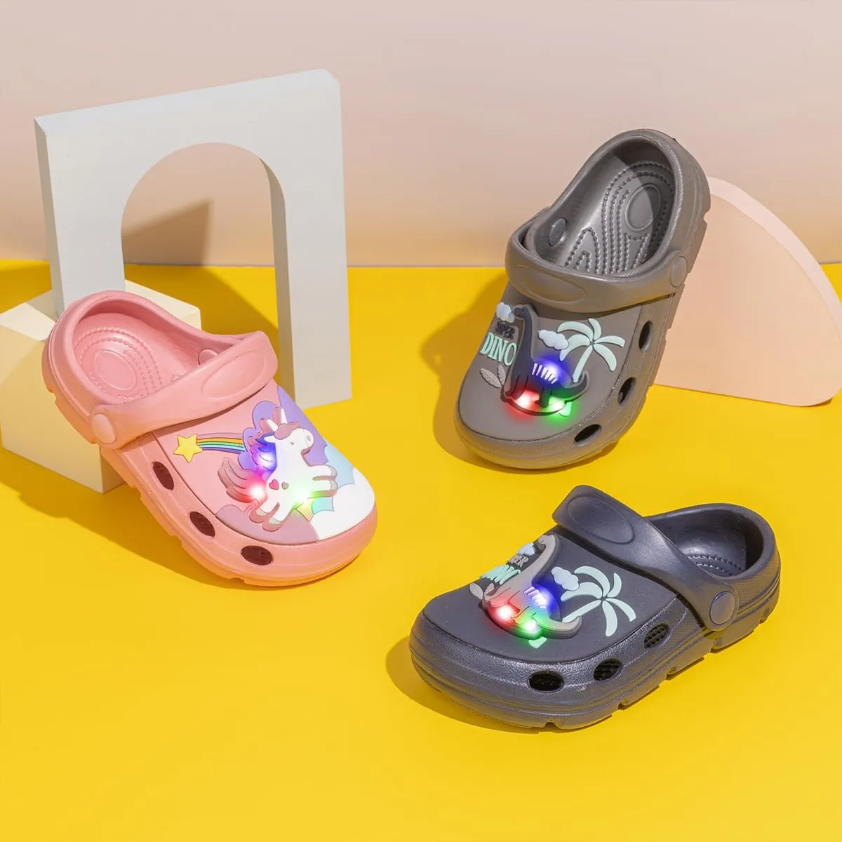 Casazoe Toddler Boys Girls LED Garden Clogs Kids Cute Cartoon Dinosaur Pattern EVA Clogs Water Sandals Slip On Shoes Slipper Slides Lightweight Outdoor Summer Children Beach Pool Shoes